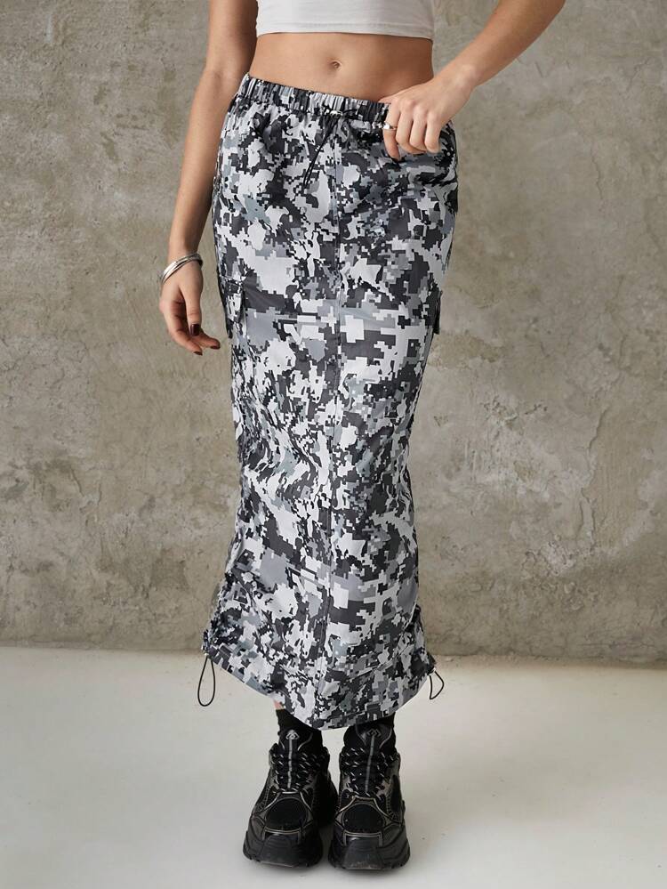 Camouflage Elastic Waist Side Drawstring Utility Skirt