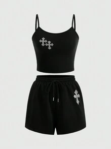 ROMWE Goth Basic Knit Stretchy Cross & Rhinestone Decor Cami Top And Shorts Set For Women, School