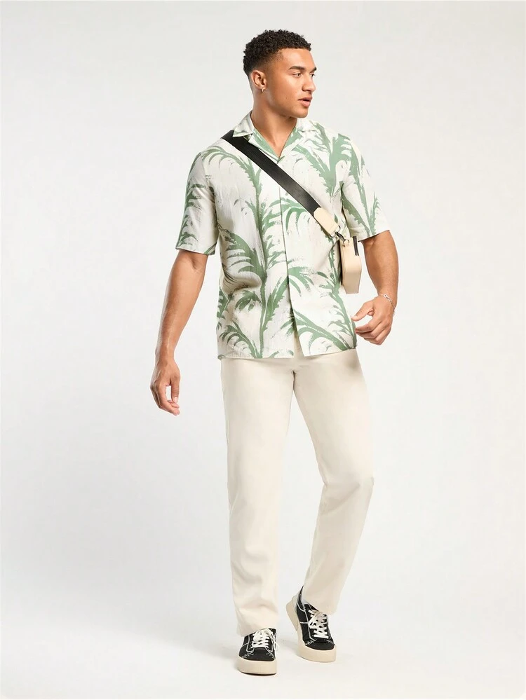 Men's Spring And Summer Casual Vacation Fit Apricot Plant Print Shirt And Khaki Pants Set