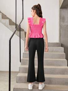 少女优雅纯色衬衫搭配喇叭裤 - 玫紅色 - 查看 2