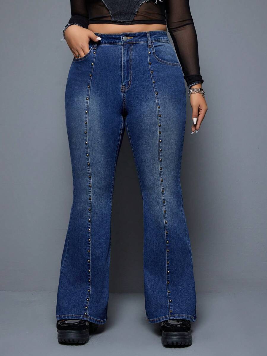 SHEIN ICON Jeans Acampanados De Talla Grande Y Ajustados Con Detalle De Cuentas - Azul - Ver 1
