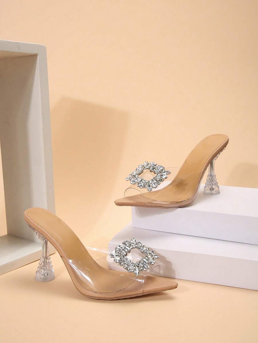 女士水钻透明闪亮高跟凉鞋，优雅浪漫尖头水晶透明细高跟鞋，适合夏季派对，9cm超高跟蝴蝶装饰杏色凉鞋，夜店风格女士凉鞋，童话婚礼高跟鞋 - 無色 - 查看 1