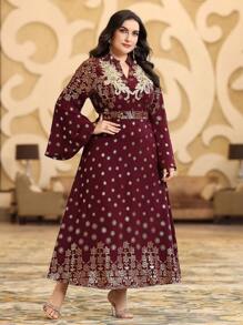 Layrah 勃艮第红色大码女式闪亮水钻花朵印花长袖阿拉伯连衣裙，优雅奢华晚会风格