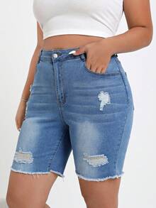 SHEIN EZwear 大碼磨損洗水褪色鬆散牛仔短褲,破褶邊處理 - 藍色 - 查看 6