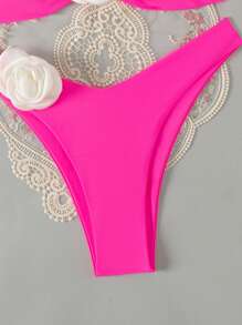 SHEIN Swim 女士掛頸比基尼套裝,附帶3d花朵裝飾 - 粉色 - 查看 3