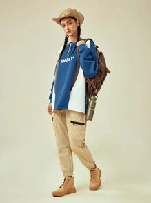 In My Nature Women's Letter Print & Contrast Color Round Neck Outdoor Sweatshirt - Blue - View 7