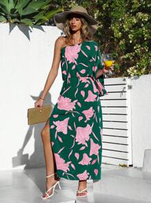 SHEIN VCAY Holiday Floral Printed One Shoulder High Side Slit Maxi Women Dresses - Green - View 6