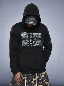 Manfinity VCAY Felpa con cappuccio da uomo con grafica a lettere e coulisse, adatta per autunno e inverno - nero - Visualizzare 3