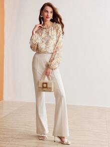 MOTF PREMIUM 絲綢雪紡全花卉印花荷葉邊飾鬆緊袖子上衣 - 綠色 - 查看 4