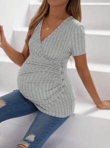 SHEIN Maternity V-Neck Ribbed Pleated Short Sleeve T-Shirt - Grey - View 5