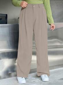 Dazy Plus Plus Size Solid Color Pleated Loose Straight-Leg Trousers