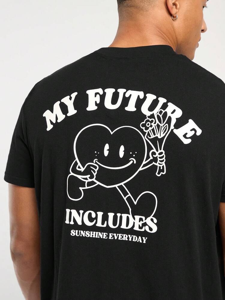 Men's Spring And Summer Casual Fit Black Cartoon Print Round Neck T-Shirt