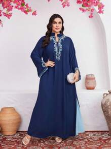 Al Najma Plus Size Women's Arabic Style Clothing With Plant Embroidery Long Sleeves Kaftan Jalabiya Dress - Blue - View 6