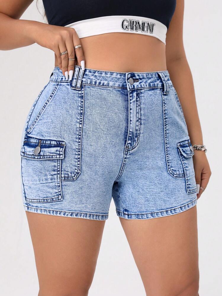 Plus Size Women's Denim Shorts With Utility Pockets