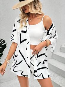 Breezaya Random Printed Loose Fit Shirt And Short Set - Black and White - View 6