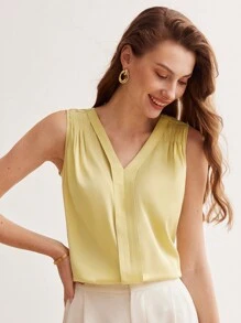 MOTF PREMIUM SILK V-NECK FOLD PLEATED SHOULDER SLEEVELESS BLOUSE