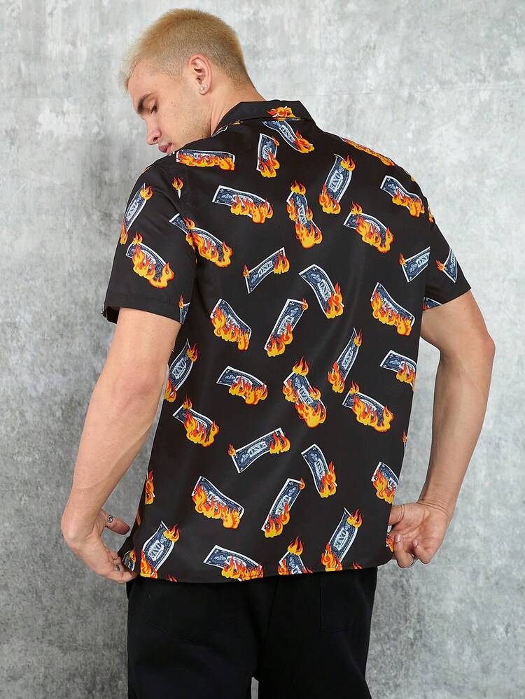 Men's Flame Money Print Short Sleeve Woven Casual Shirt