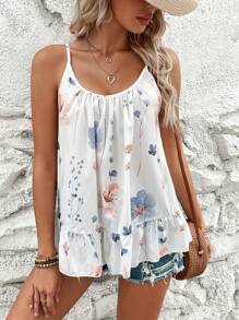 SHEIN LUNE In hoa Xù Hoa Sen Cami ngọn - trắng - Xem 4