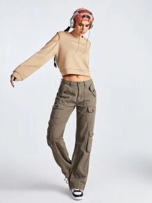 SHEIN Sports Màu thuần Cổ cao Mùa vụ Áo nỉ thể thao - Màu Khaki - Xem 3