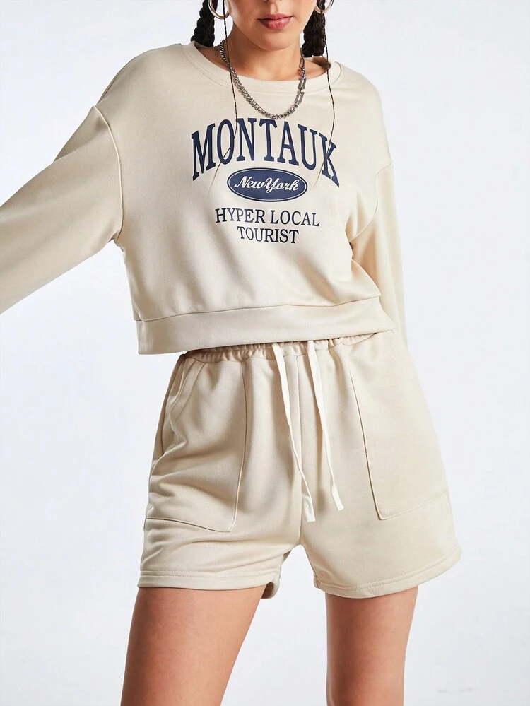 Letter Printed Long Sleeve Top And Shorts Sports Suit Women Tracksuit
