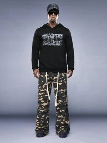 Manfinity VCAY Felpa con cappuccio da uomo con grafica a lettere e coulisse, adatta per autunno e inverno - nero - Visualizzare 5