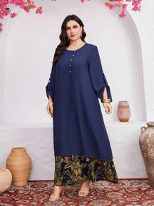 Al Najma Plus Size Floral Print Splicing Short-Sleeve 2 In 1 Dress With Rolled Up Cuffs - Multicolor - View 3