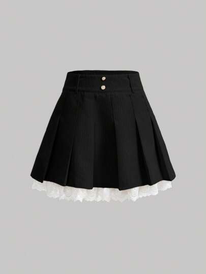 SHEIN MOD Casual Colorblock Lace Trim Pleated Mini Skirt