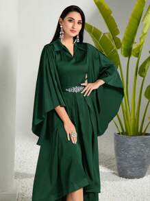 Modelyn Của phụ nữ Váy chữ A Với Viền không đối xứng , Tay áo chuông Và Pha lê Đồ trang trí - Màu xanh lá cây đậm - Xem 4