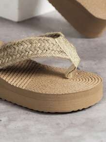 Women's Fashionable Thick-Soled Beach Sandals With  Rope Wedge Heels - Apricot - View 5