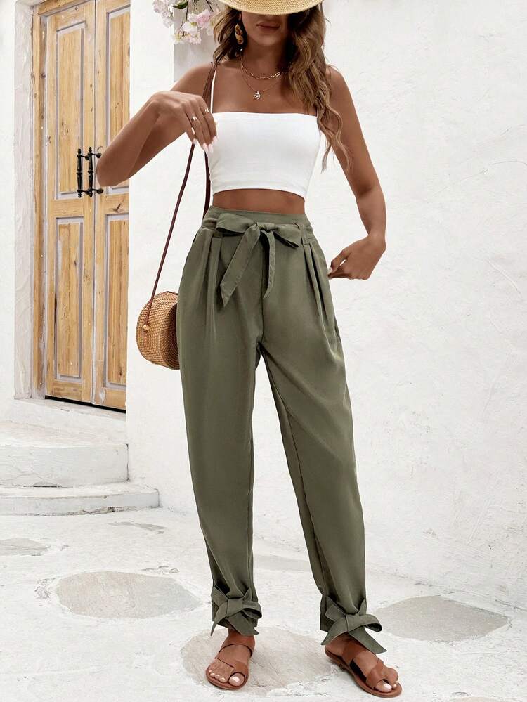 Solid Color Pleated Casual Tapered Pants With Slanted Pockets