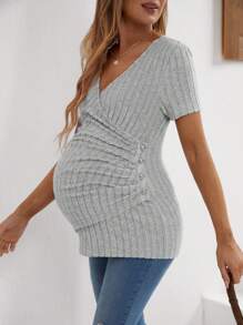 SHEIN Maternity V-Neck Ribbed Pleated Short Sleeve T-Shirt - Grey - View 3