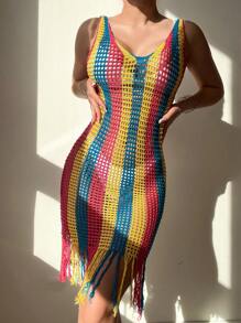 SHEIN Swim Váy che phủ tua rua dệt kim khoét lỗ cổ chữ V màu tương phản, dành cho mùa hè, bãi biển, kỳ nghỉ - Nhiều màu - Xem 4