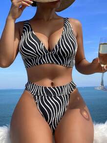 SHEIN Swim Women'S Printed V-Neck Bikini Set Summer - Black and White - View 1