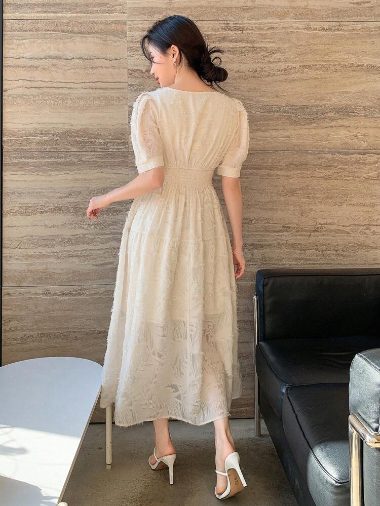 Textured V-Neck Short Sleeve Cinching Waist Dress Sundress