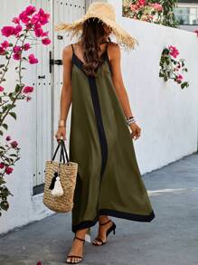 Selianne Vestido De Tirantes Espagueti Para Mujer Con Bloque De Color - Verde militar - Ver 1