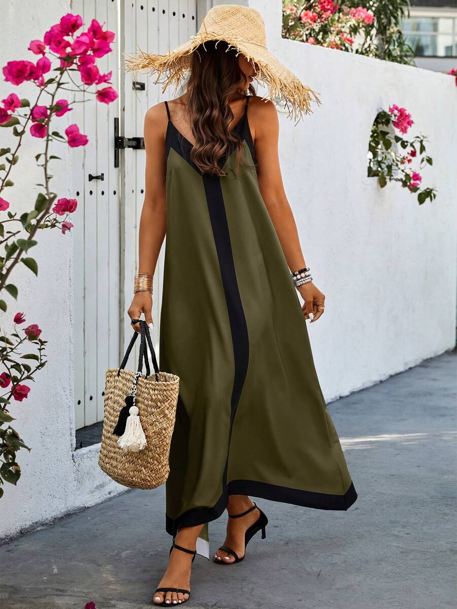 Selianne Vestido De Tirantes Espagueti Para Mujer Con Bloque De Color - Verde militar - Ver 1