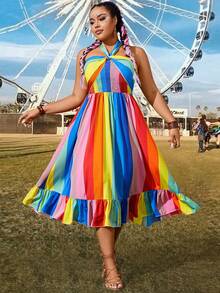 SHEIN Holidaya Plus Size Women's Colorful Striped Wrap Front Tie Waist Dress - Multicolor - View 2