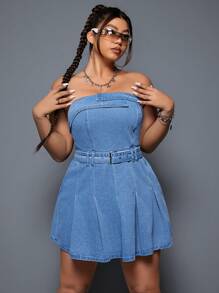 SHEIN ICON Kích thước lớn Quây Chặt Đầm Denim Với Viền xếp - Rửa nhẹ - Xem 6