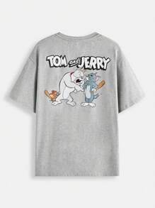 TOM & JERRY X SHEIN Hombres Camiseta Con Hombros Caídos Y Estampado De Dibujos Animados Y Letra