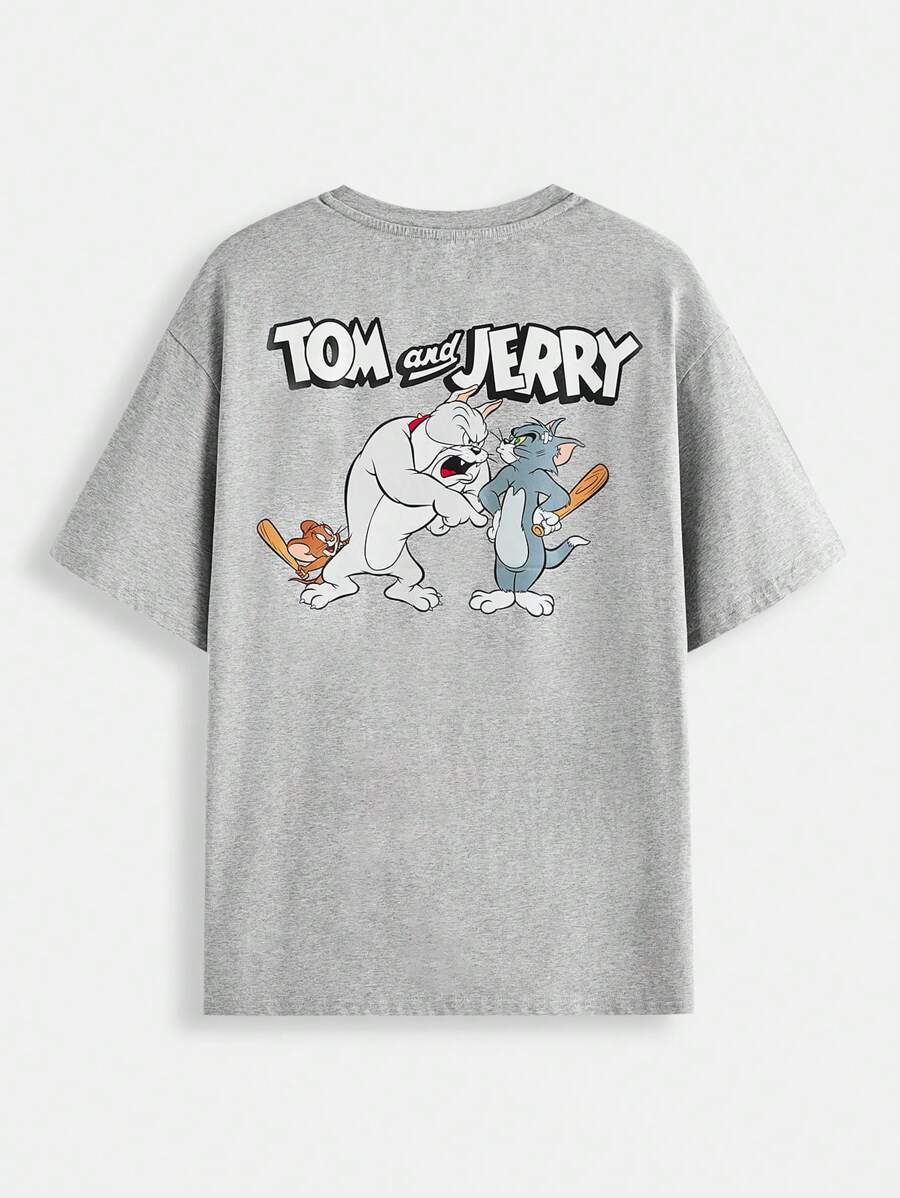 TOM & JERRY X SHEIN Hombres Camiseta Con Hombros Caídos Y Estampado De Dibujos Animados Y Letra