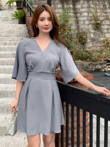 DAZY Women's Solid Color V-Neck Bell Sleeve Dress Sundress,Casual Women Dresses - Blue - View 2