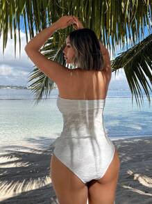 Swim Mod Summer Beach Women's Bandeau Bikini Set With Split Skirted Bottom - White - View 2