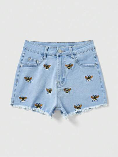 Kawaii Women's Bee Embroidered Frayed Denim Shorts