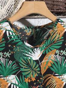 Top De Manga Curta Estampado Tropical E Shorts De Cor Sólida Para Adolescentes - Verde Escuro - Visão 4