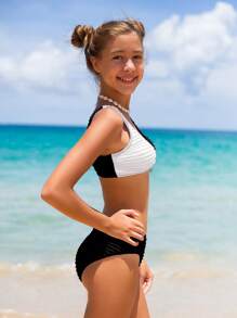 少女双色比基尼套装夏日海滩 - 黑與白 - 查看 4