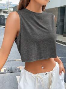 SHEIN EZwear 女士圓領灰色針織無袖背心，適用於夏季 - 深灰色 - 查看 5