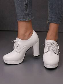 女士用白色水台高跟鞋,鞋帶皮革和厚跟 - 白色 - 查看 3