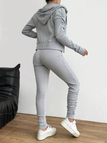 EURMUSE Solid Color Zipper Front Hooded Sweatshirt And Pants With Drawstring - Light Grey - View 2