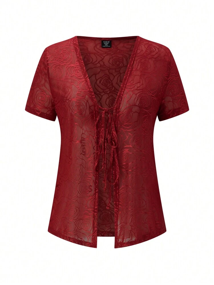 Plus Size Women's Floral Mesh Short Sleeve Top With Front Tie