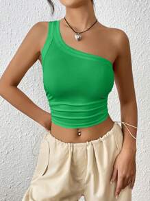 SHEIN EZwear Top De Un Solo Hombro Sin Mangas Y Con Costillas Sólidas Para Mujer - Verde - Ver 5